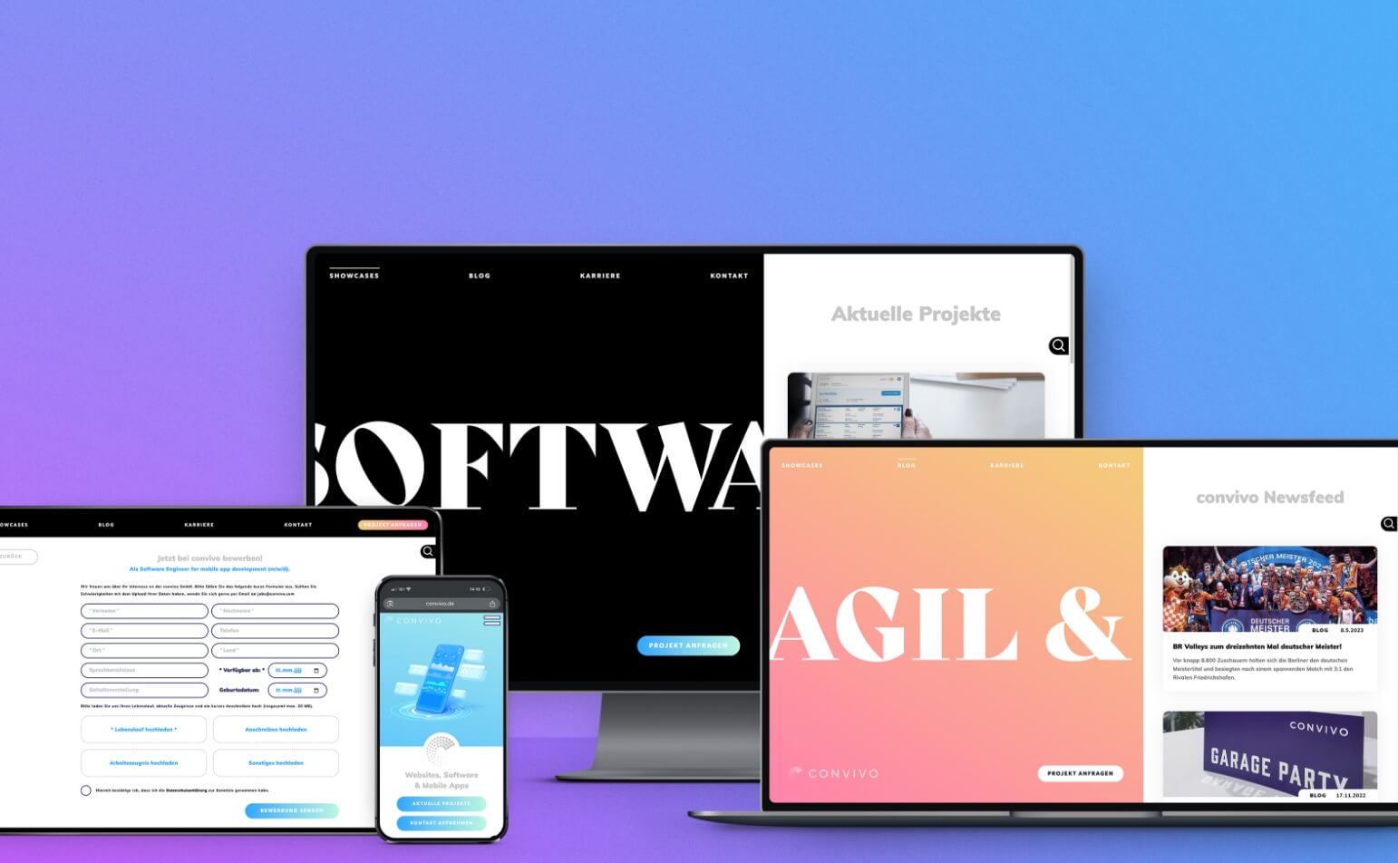 Responsives UI / UX Design für die convivo GmbH, demonstiert auf mehreren Geräten – ein Tablet ganz links, mittig ein Desktop-Screen, dazwischen ein Mobiltelefon und ganz rechts ein Laptop, auf den Bildschirmen zu sehen sind Blogartikel, großflächiger Lauftext, Videoheader der Startseite und ein Formular für Recruiting-Zwecke